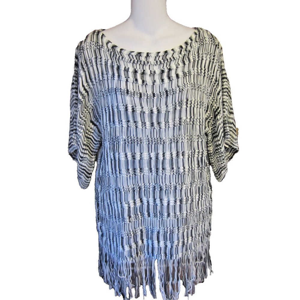 NY Collection Loose Knit Top Sweater Fringed Blue Gray Multi NWT Woman's Medium